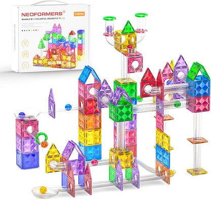 115Pcs Magnetic Marble Run Set for Kids, STEM Building Toys with Racing Track Tiles, Funnels & Slopes, 3D Construction Marble Maze Educational Learning Gift for Boys & Girls Ages 3-8+