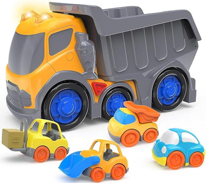 P&C 12.2" Toddler Construction Dump Truck Toys for Ages 2-4, Beach Sand Outdoor Toy Cars Dump Truck Set with Sounds and Lights for Kids 18M+, 2, 3, 4, 5, Ideal Birthday Christmas Gifts for Boys Girls
