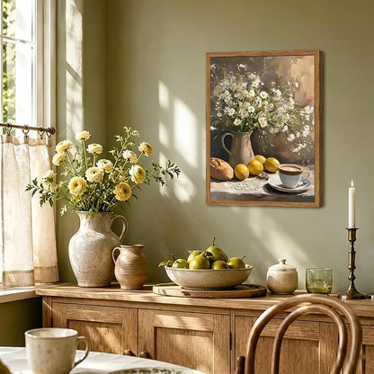 Framed Vintage Kitchen Wall Art, Rustic Floral Lemon Pictures Wall Decor, Cottagecore Coffee Bread Still Life Paintings Canvas Prints Farmhouse Home Decor for Dining Room Living Room 12x16 inch