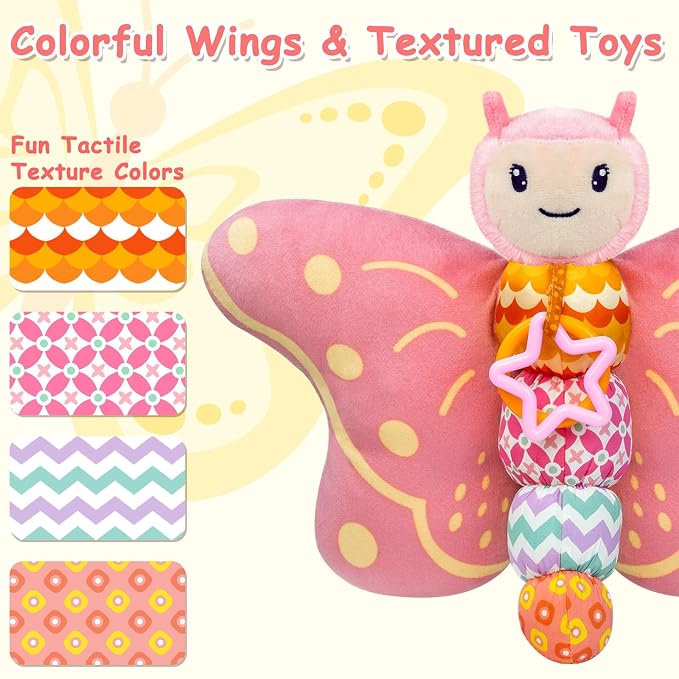Baby Toys 0-6 Months,Infant Musical Sensory Stuffed Animal with Squeaker,Rattle,Crinkle Wings,Teether & Hanging Ring,Tummy Time Toy for Newborn 0-3-6-12 Months Boys & Girls Gift,Butterfly,Pink