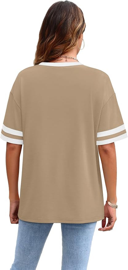 WIHOLL Womens T Shirts Loose Fit Short Sleeve Tees Crew Neck Color Block Summer Tops 2026 Fashion