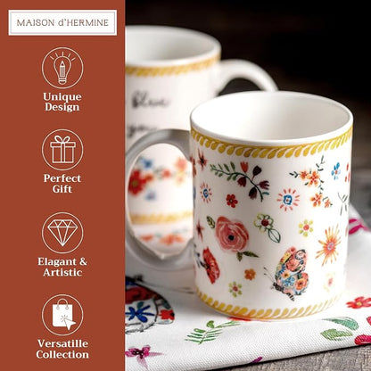Maison d' Hermine Coffee Mug with Handles Tea Cups (12 Ounce, Pack of 2) | Fine Bone China Coffee Mugs for Hot Beverages Cappuccino Latte Home Restaurant Hotel Spring Summer -Happy Florals - Sweety