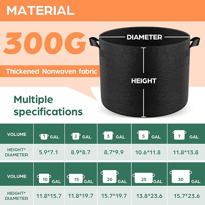 10 Pack 3 Gallon Grow Bags, Thickened Nonwoven Fabric Planter Pots with Handles, Heavy Duty 300G Garden Pots for Tomato, Potato and Vegetable