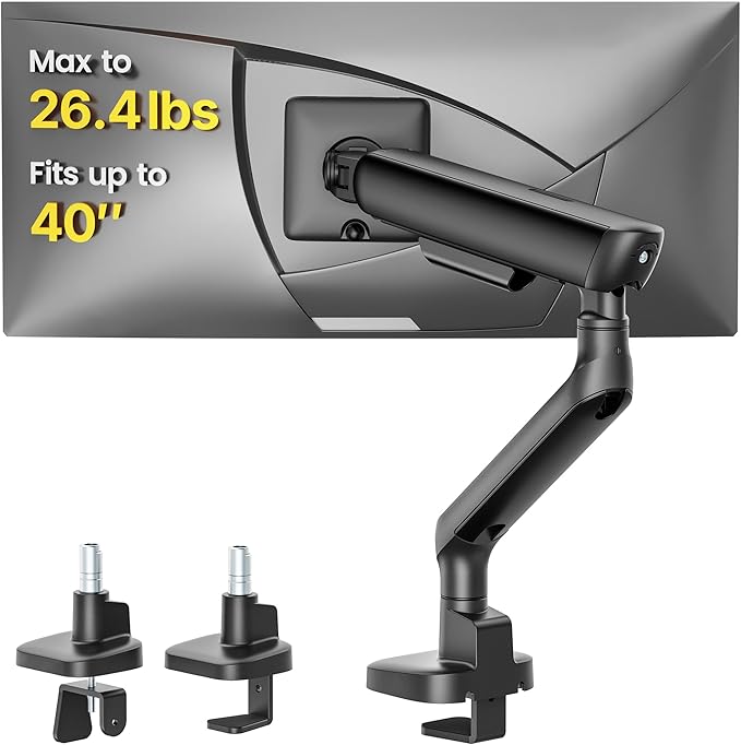 monTEK Single Monitor Arm, Mechanical Spring Monitor Arm for 17-40" Ultrawide Screens, Adjustable Monitor Desk Mount Holds up to 26.4 lbs with C Clamp/Grommet Desk Mount, VESA 75/100mm