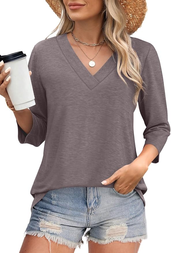 WIHOLL Womens Tops 3/4 Length Sleeve V Neck Casual Tunic Tops Basic Shirts Loose Fit Blouse