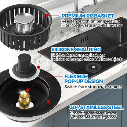 zaa 3 in 1 Kitchen Sink Drain Strainer Stopper Removable Basket Pop-Up | Kitchen Sink Accessories 1 Pack All Black Stainless - Food Catcher, Odor-Blocking Seal, Fits 3.5" Drain
