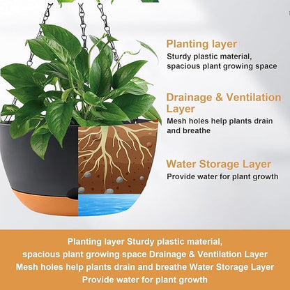 4 Pack Plastic Hanging pots for Plants Indoor,8 Inch Plant Pot Indoor Outdoor Hanging Baskets,Hanging Flower Pots with Drainage Holes and Chain for Garden Porch Plants(Black)