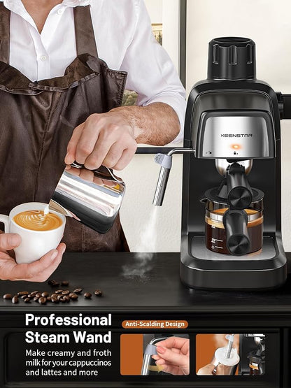 KEENSTAR 3.5Bar Espresso Machine 800W, Compact 4-Cup Espresso Maker Preheat | Fast Heating, Milk Frother Steam Wand, Espresso and Cappuccino Machine for Cappuccino or Latte Black