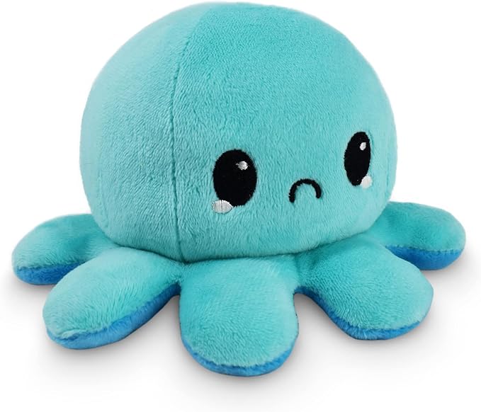 TeeTurtle - The Original Reversible Octopus Plushie - Happy Blue + Sad Light Blue - Cute Sensory Fidget Stuffed Animals That Show Your Mood 4 inch