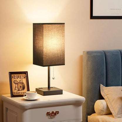 Black Lamp for Bedroom - 3 Color Temperatures, USB A+C, 2 AC Outlets | Pull Chain Switch, LED Bulb Included, Black Fabric Shade, 17.4" Table Lamp for Nightstand, Desk, Living Room, Office