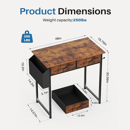 OLIXIS 32 Inch Small Desk, Computer Desk, Fabric Drawers | Side Bag, Headphone Hook, Work Table for Home Office Bedroom, Gaming, Brown