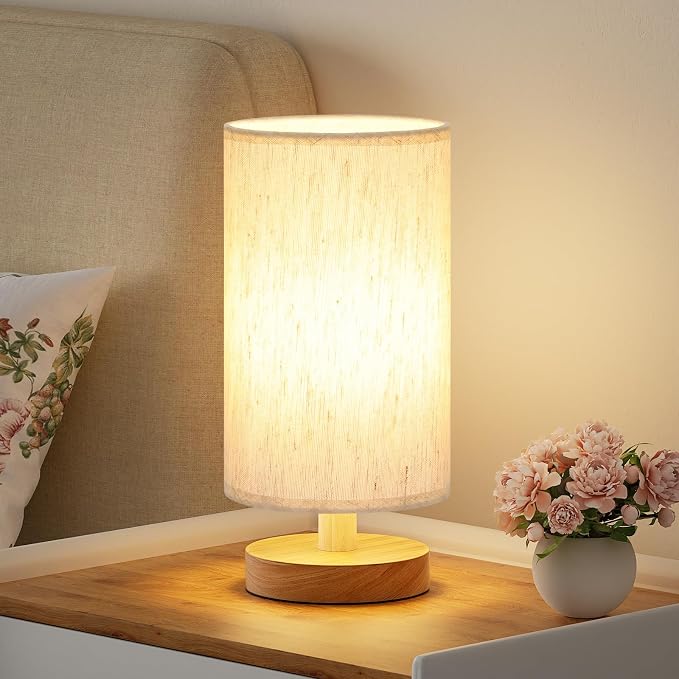 Fenmzee 9" Small Table Lamp for Bedroom - Inline Control with 3000K Blub | Cream Shade and Wood Base | 680 Lumens | Easy Assembly | Minimalist Design | E26 | for Kitchen | for Kids Room