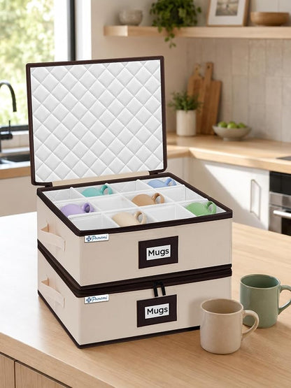 punemi Mug Storage Organizer, 2-Pack Hard Shell Boxes for Packing & Moving | Padded dividers, stackable design and carry handles for coffee mugs, tea cups and china storage, beige