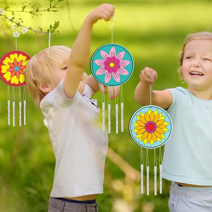 Silipull 24 Sets Summer Flower Wind Chimes Craft for Kids Back to School Color Your Own Windchime DIY Unfinished Wood Hanging Ornament Coloring Wind Chime for Kid Graduation Gift Party Supply