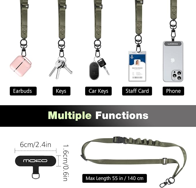 MoKo Universal Phone Lanyard, Nylon Adjustable Cell Phone Crossbody Strap Detachable Women & Men Cellphone Lanyards Around the Neck with Patches for iPhone, Most Smartphone, Army Green