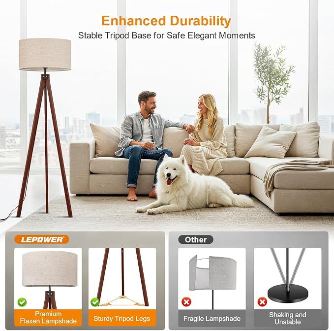 LEPOWER Tripod Floor Lamp Mid Century Modern Standing Lamps for Living Room | Light-Diffusing Linen Shade, Premium Rubberwood Tripod with E26 Base, Adding Warmth to Bedroom, Office & Study Corner Brown