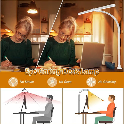 LED Desk Lamp with Clamp, Dual Head Monitor Light, Remote | 24W Dimmable Eye-Caring Task Lamp with Timer, Anti-Glare Cover and Gooseneck for Home Office Dorm, Workbench and Study