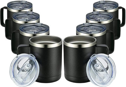 MEWAY 12oz Coffee Mug With Handle 8 Pack Bulk,Stainless Steel Insulated Travel Tumblers With Sliding Lid,Double Wall Vacuum Camping Cup for Hot & Cold Drinks Tea (Black, 8)