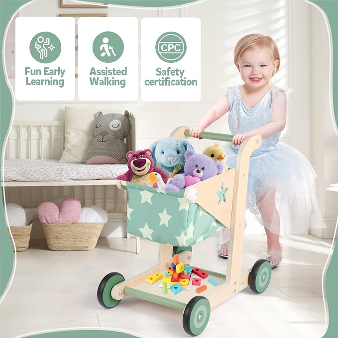 Asweets 2 in 1 Wooden Baby Walker Push and Pull Doll Stroller, Shopping Cart Learning Walker for Boys and Girls, Sit Stand Learning Toddler Toy (Green)