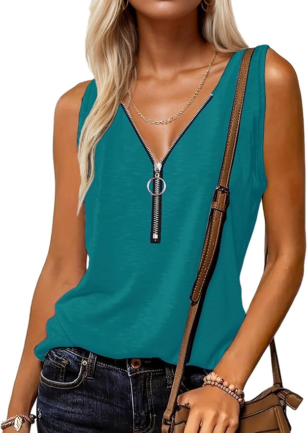 Halife Womens Half Zip V Neck Tank Tops Summer Sleeveless Shirts Casual Loose Top Blouses T Shirts