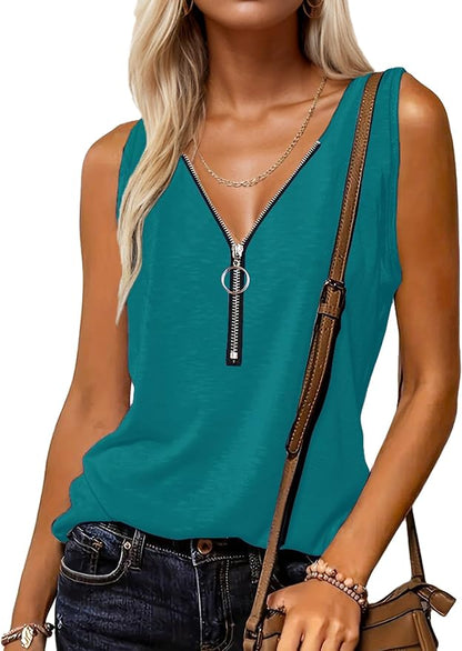 Halife Womens Half Zip V Neck Tank Tops Summer Sleeveless Shirts Casual Loose Top Blouses T Shirts