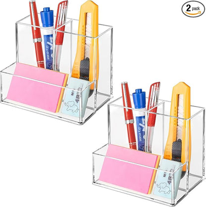 2 Pcs Acrylic Pen Holder for Desk, Pencil Holder for Home,Office | Plastic Marker Holder with 3 Compartments, Pencil Organizer for Classroom, Makeup Brush Holder for Bathroom, Remote Holder