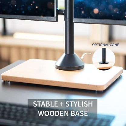 VIVO Dual Monitor Desk Stand for 13 to 32 inch Screens, STAND-V002FD-B | Articulating, Freestanding Adjustable Monitor Arm, Black with Wood Base, Computer Stand for 2 Monitors, Holds 22 lbs Each