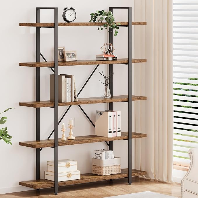 HSH Rustic Bookcases and Book Shelves 5 Shelf, Metal Wood 5 Tier Bookshelf and Storage Book Rack, Vintage Large Book Shelf for Bedroom Living Room Office,Open Vertical Display Etagere Book Case, Brown