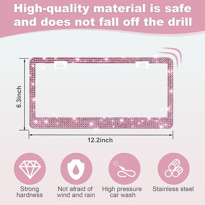 QUANQIUFEI 2 Pack Bling License Plate Frames for Women, Sparkly Rhinestone Diamond Car Accessories with Glitter Crystal Caps (Dark Pink)