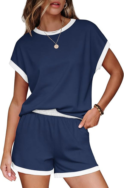 WIHOLL Two Piece Sets for Women Summer Lounge Short Sets Cap Sleeve Crew Neck Sweatsuit with Pocket XS-2XL