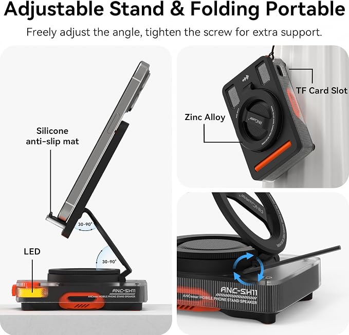 ANCwear Bluetooth Speaker Phone Stand for Desk, Portable Wireless Speaker with Adjustable Cell Phone Holder, Bluetooth 5.4 Audio Stand with TF Card Slot for Kitchen Bedside, Cool Tech Gift