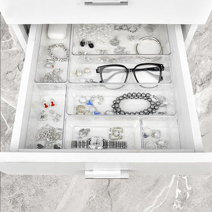 Manalete Drawer Organizers Set of 15, 4 Sizes Clear Plastic Drawer Organizers and Storage Bins for Kitchen, Bathroom, Office, Dresser Desk Drawer Organizer Tray for Jewelry, Makeup, Junk, Gadgets