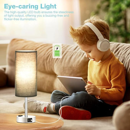 Black Bedroom Table Lamp for Bedside - 3 Way Dimmable Touch Lamp USB C A Charging Ports and AC Outlet, Small Desk Lamp for Nightstand for Living Room with Silver Base, Office Desk, LED Bulb Included