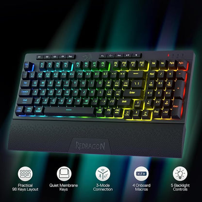 Redragon K515 PRO Shiva RGB Wireless Membrane Gaming Keyboard, 98 Keys Mechanical-Feel Keyboard w/Smooth Linear Switch, On-Board Macro & Multimedia Keys, Detachable Wrist Rest, Software Supported