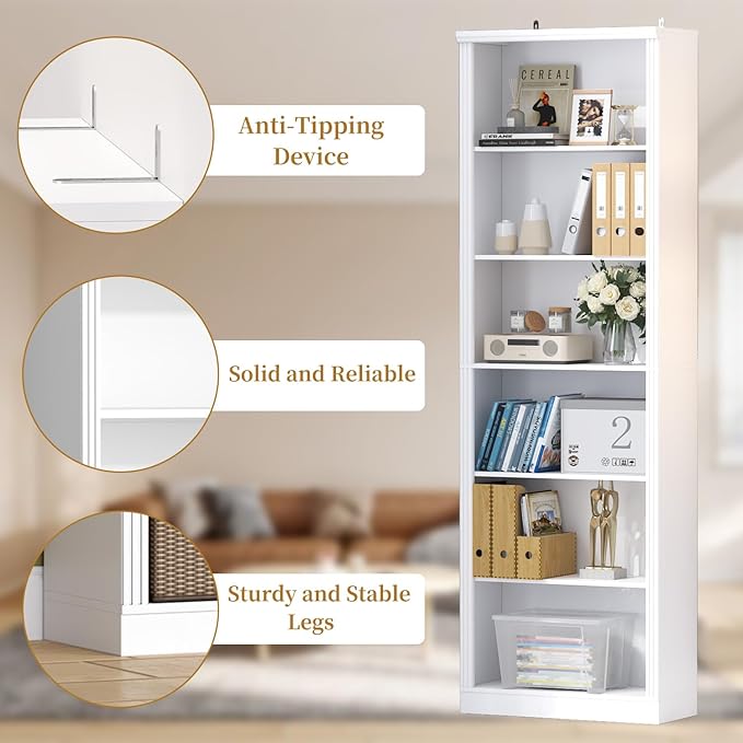 Thacuok 75" Tall Bookshelf Set of 2, 6 Tier Bookshelf with Adjustable Shelves, Bookcase with Anti-Tipping Device, Floor Standing Modern Display Rack,Book Shelf for Living Room, Bedroom, Office, White
