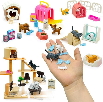 60PCS Realistic Cat & Dog Figures Playset - Educational Pet Pretend Play Toys for Kids Ages 3+, Role Play Kit with Animal Figures & Accessories for Boys & Girls Learning & Imagination Development