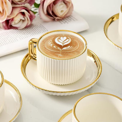 LETAOTAO Cappuccino Cups with Saucers, 8oz Ceramic Coffee Cups with Saucers Set, Latte Art Coffee Mugs with Gold Trim, Tea Cups Set of 4, British/Italian Coffee cups for Cafe Mocha, Double Espresso