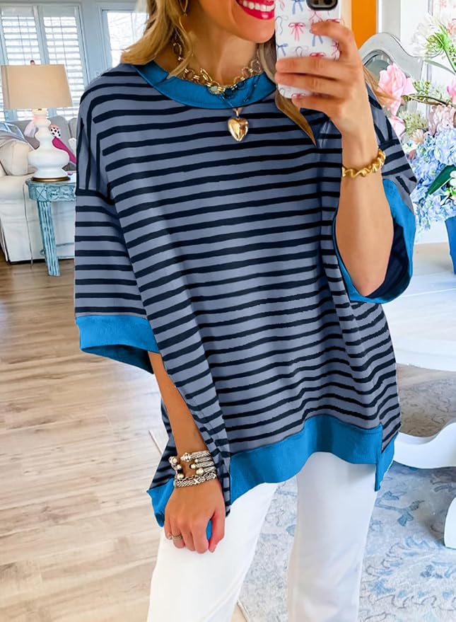 SHEWIN Womens Tops Casual Short Sleeve Sweatshirt Crewneck Striped Shirt Pullover T Shirts Loose Blouses