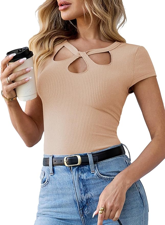 Pink Queen Sexy Tops for Women Cutout Keyhole Neck Cap Sleeve Shirts Casual Summer Clothes 2026 Fashion