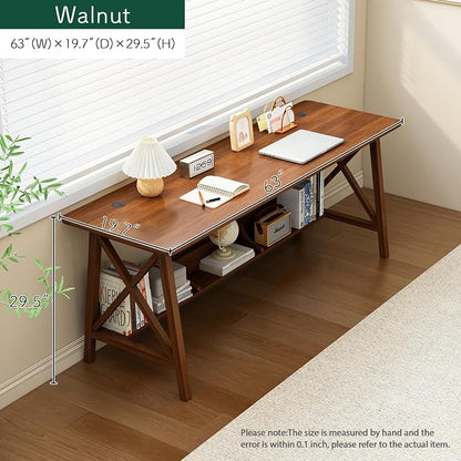NELYE Extra Long Writing Desk with Bookshelf, 63" Wx20 Dx30 H, Walnut | Wooden Home Office Work Study Table, Computer Gaming Workstation with Storage Shelf, Sturdy MDF Resists Wobble