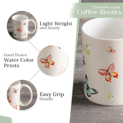 Maison d' Hermine Coffee Mug with Handles Tea Cups (12 Ounce, Pack of 1) | Fine Bone China Coffee Mugs for Hot Beverages Cappuccino Latte Home Restaurant Spring Summer -Botanical Fresh - Butterflies