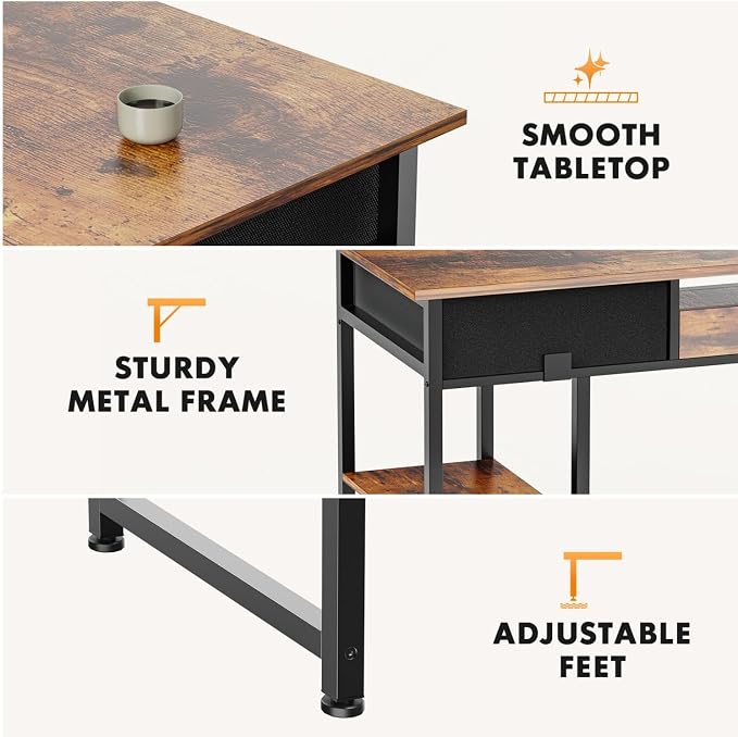47 Inch Computer Desk with 2 Drawers, Home Office Desk with Wooden Shelves, Study Writing PC Table for Small Spaces, Bedroom, Dorm or Living Room, Rust