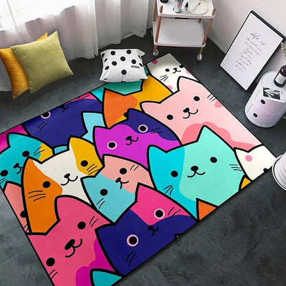 Cat Rug for Girls Bedroom - Cat Area Rug Cartoon Cat Rug Carpet for Kids Room Cute Cat Rugs Room Decor Colorful Anime Rug with Cat Printed, 3x5 Feet