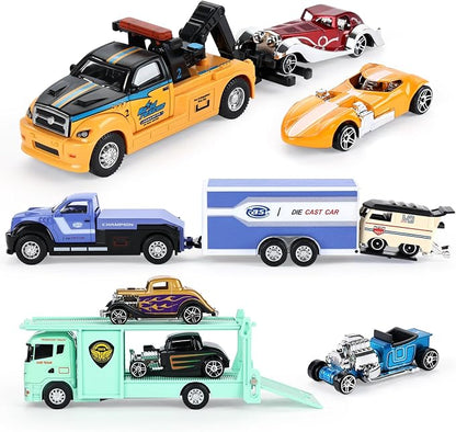 haomsj Car Toys for Kids 9 PCS Playsets Tow Truck Toy and City Carrier Vehicle,Transport Truck with Die Cast Metal Racing Cars for Boys and Girls Age 3-5 Years