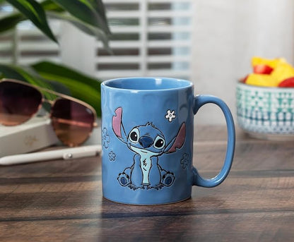 Silver Buffalo Disney Lilo and Stitch, Wax Resist Ceramic Pottery Mug, 17oz | Sitting Pose, Etched Engraved Handmade, 0.5 Liters