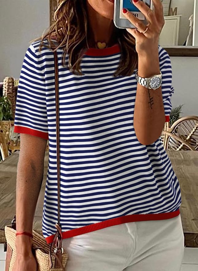 Dokotoo Womens Tops 2026 Casual Summer Crewneck Short Sleeve Striped Color Block Knit High Low Trendy Pullover Sweaters