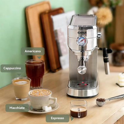 Gevi 20 Bar Espresso Machine with Milk Frother,Compatible with Pods&Ground | Compatible with Nespresso Pods&Ground; Built-in pressure gauge; Removable Water Tank; Make Americanos、Latte; Easy to Clean;