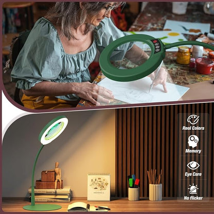 10X Magnifying Glass with Light and Stand, 5 Color Modes Stepless Dimmable LED Lighted Desk Lamp, Hands Free Flexible Gooseneck Magnifier with Light for Craft Hobby Painting Close Work - Green