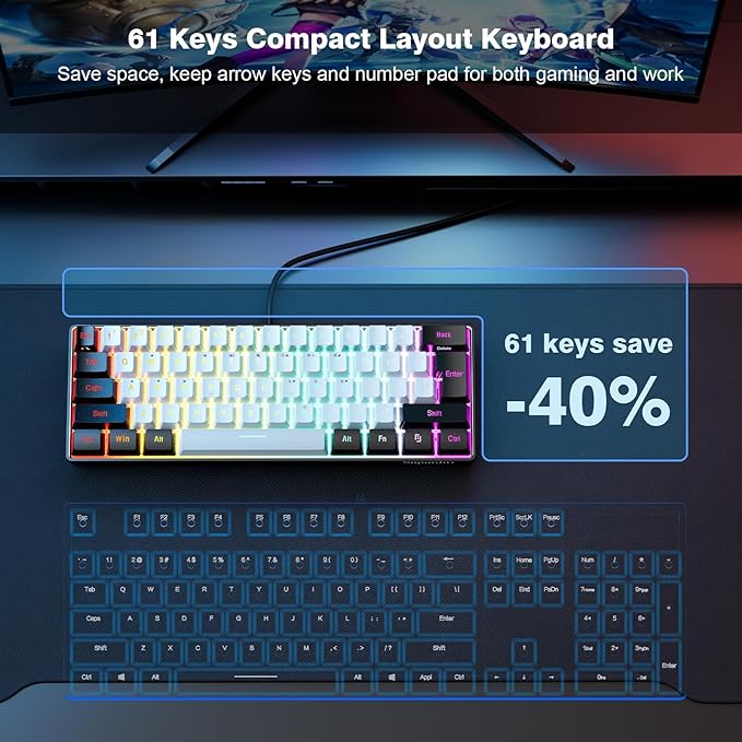 Snpurdiri 60% Wired Gaming Keyboard, 61 Keys RGB (Black-White) | Backlit Ultra-Compact Small Gaming Keyboard, for PC/Mac Gamer, Typist, Travel, Easy to Carry on Business Trip