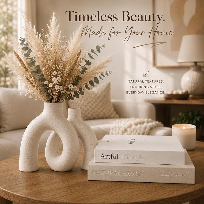 Cream White Decorative Vase Set - Modern Hug Donut Ceramic Vases by JAS & JAX GOODS, Minimalist Boho Style Centerpiece for Console Table, Living Room, Bookshelf, or Fireplace Mantel